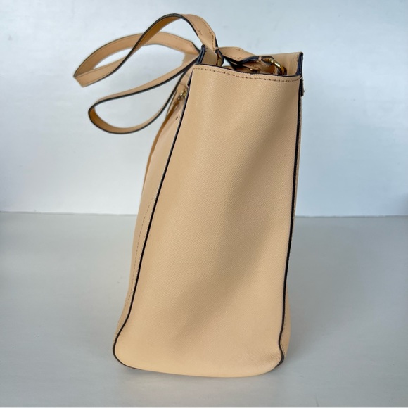 REBECCA MINKOFF Monroe Sand Saffiano Structured Leather Tassel Shoulder Bag Tote - Picture 5 of 16